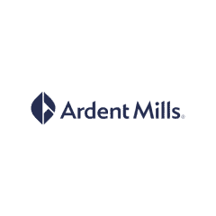 Ardent Mills logo, grain mill icon with blue text, on a white background.